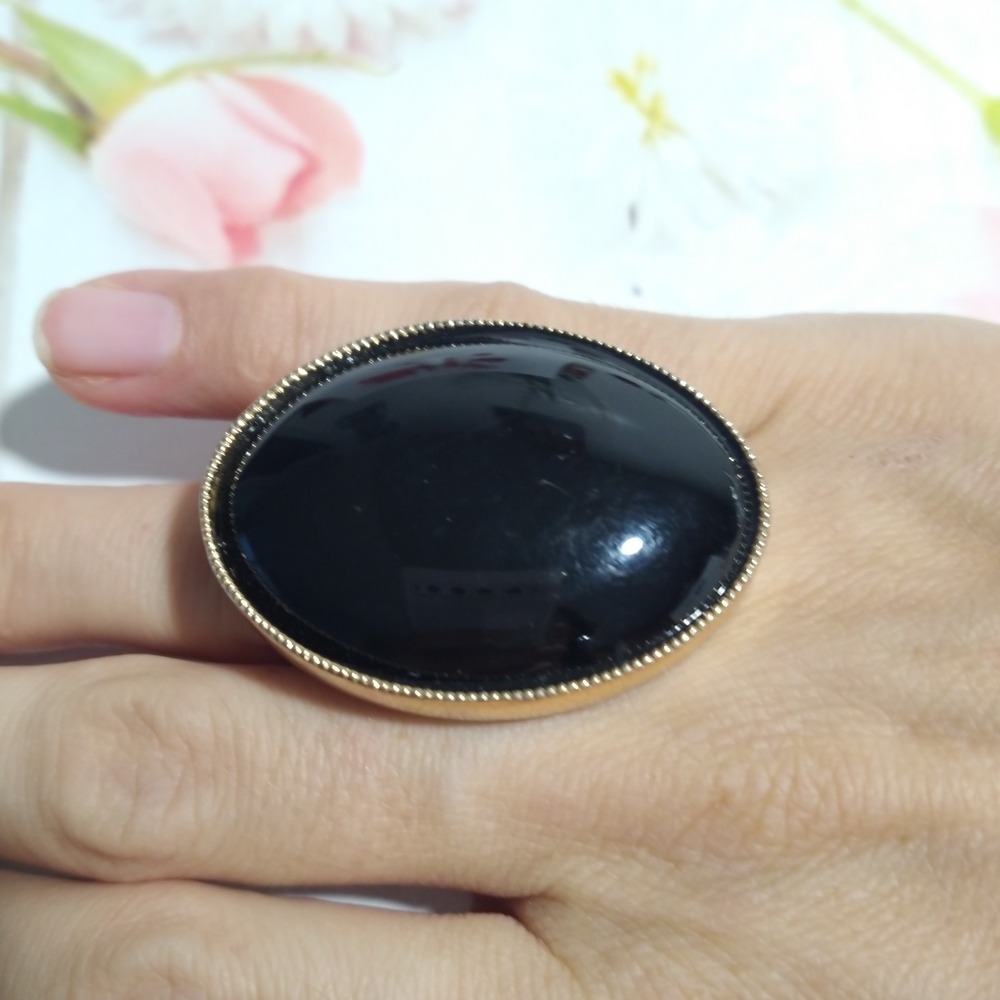 Statement Ring Large Oval Black Stone Gold Tone B… - image 1